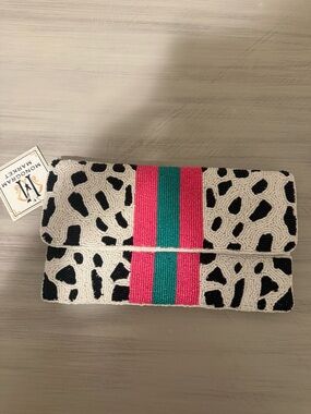 Beaded Clutch in White, Black & Pink-Teal Stripe